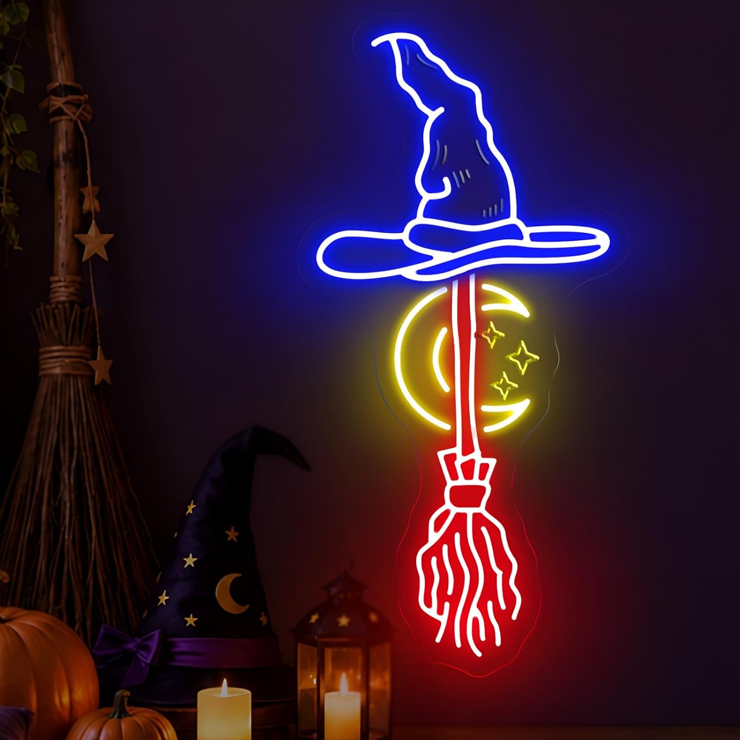 Neon Sign Party - 魔女の帽子とほうきのネオンサイン、月と星のLEDネオンライト。USB電源で、ハロウィーンパーティー、寝室、バーの装飾、ギフトに最適な壁掛けランプ。