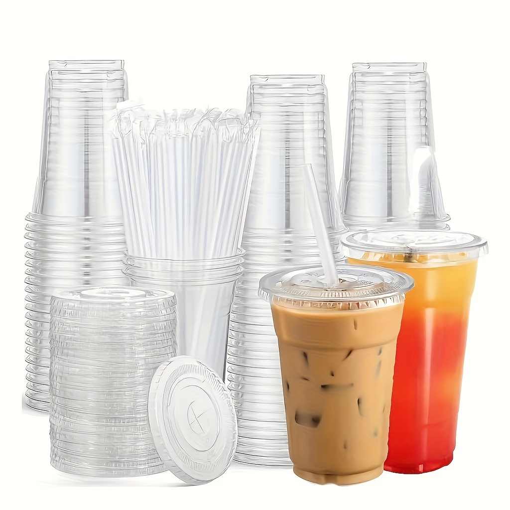 Event & Party Supply Photos - 透明なプラスチック製のカップ。平らな蓋とストロー付きで、繰り返し使用可能。アイスクリームやアイスコーヒー、休暇中のイベント、キャンプ、パーティーなどに最適。