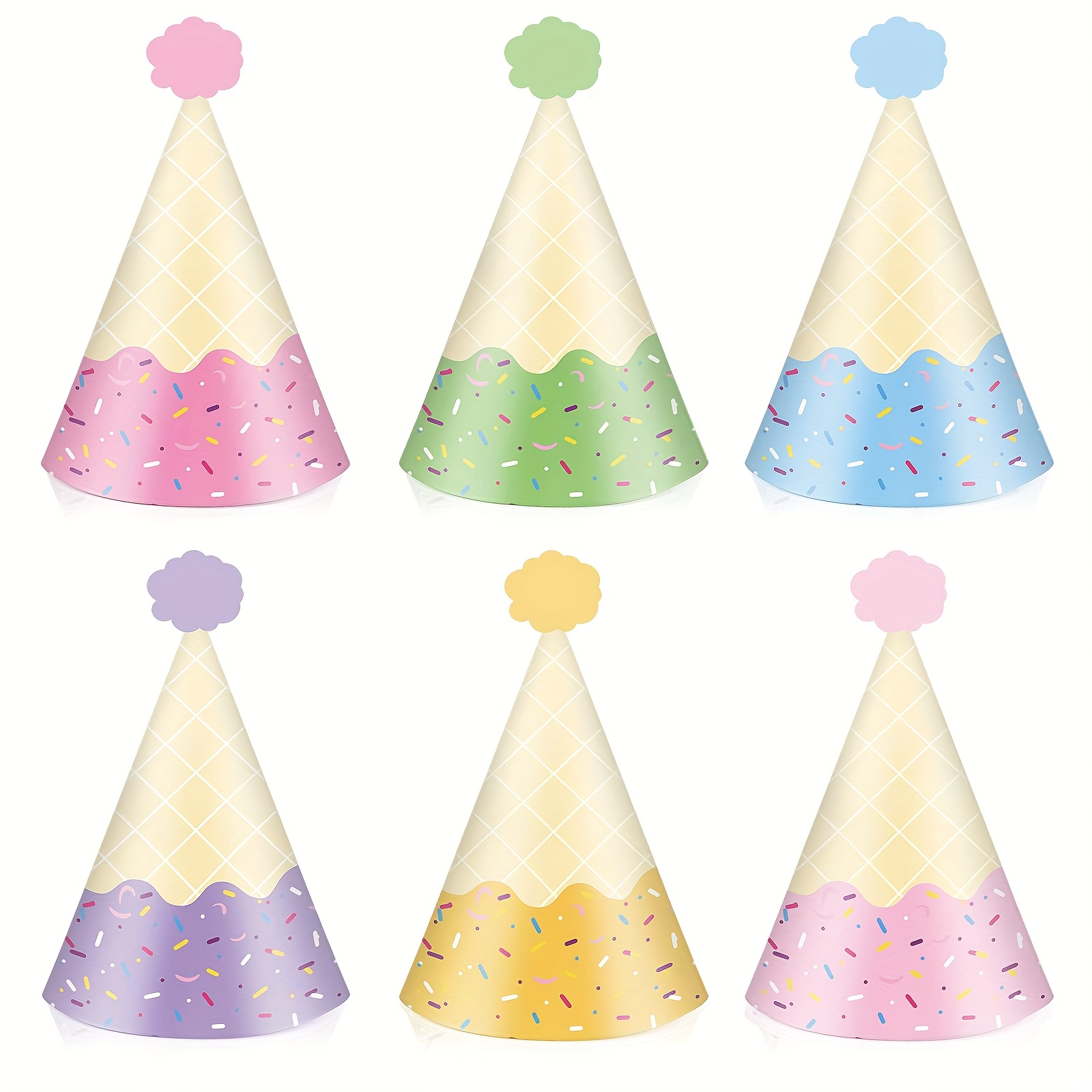 Party Hat Cone - アイスクリームコーン型パーティーハット - 色とりどりの紙製ハット。誕生日、ブライダルシャワー、パーティーなどのイベントの装飾や記念品として最適。