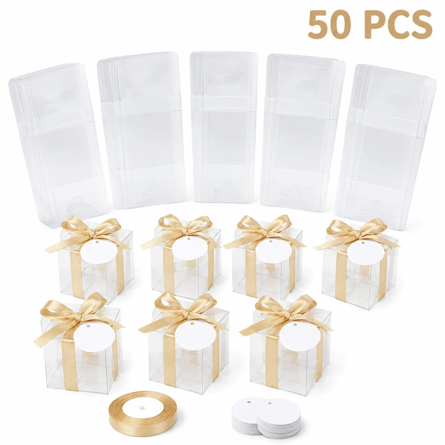 Event Party Box - 金色のワイヤーとラベルが付いた透明のギフトボックス（20個入り、50個入り）。結婚式、誕生日、洗礼式、お返しギフト、お菓子のギフトに最適。