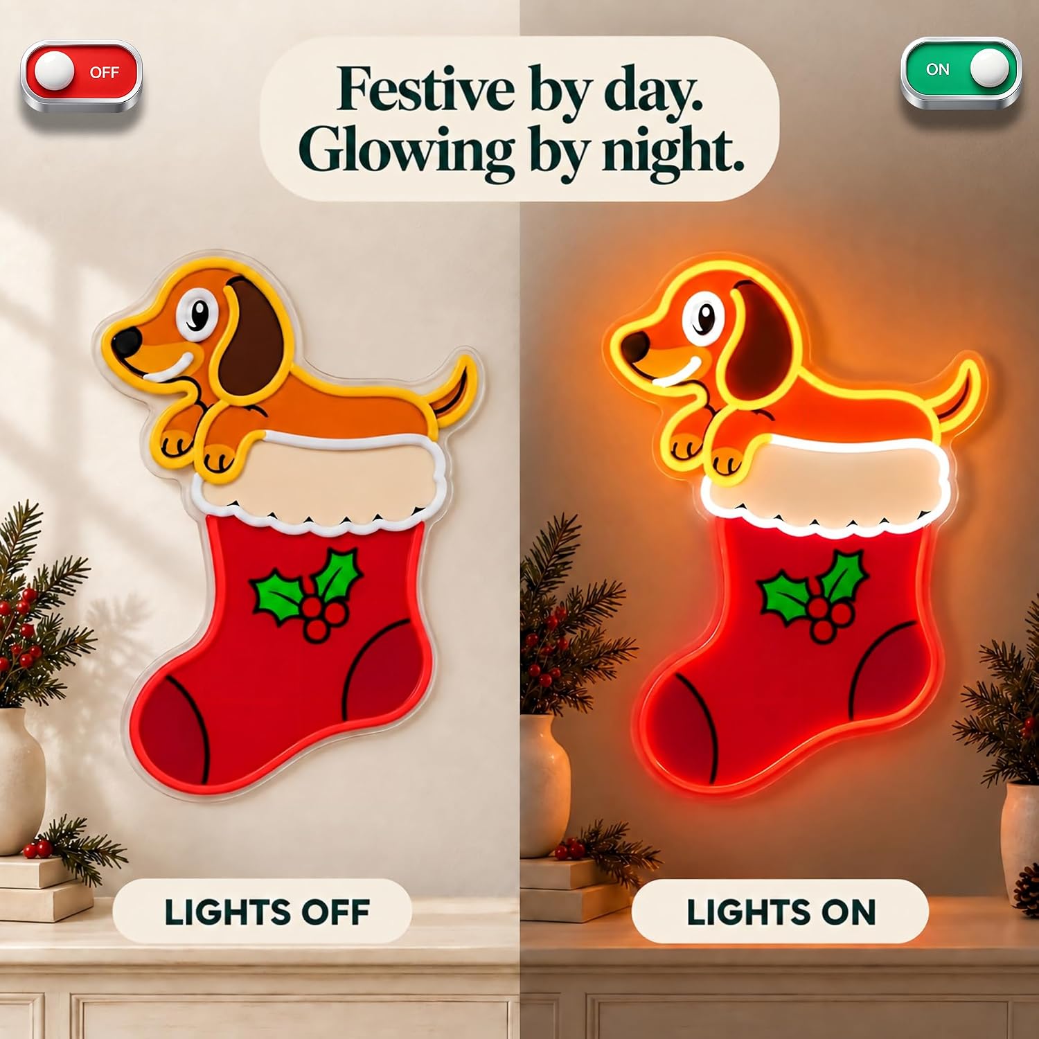 クリスマスストッキング型LEDネオンサイン。USB電源式。ダ - Neon Sign Party のレビューと価格